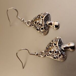 Fairy Garden Mushroom,Lattice Silver,  Earrings,